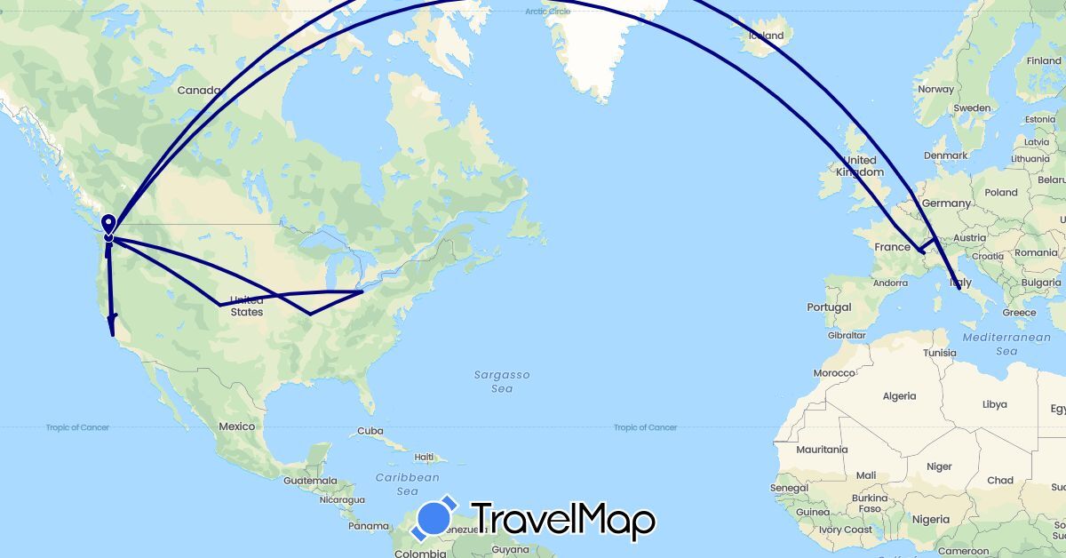 TravelMap itinerary: driving in Switzerland, France, Italy, Netherlands, United States (Europe, North America)